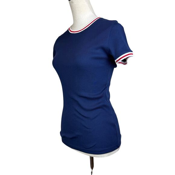 Polo Ralph Lauren Navy Blue Ribbed Red White Trim Logo Slim Fit Baby Tee - Picture 2 of 13